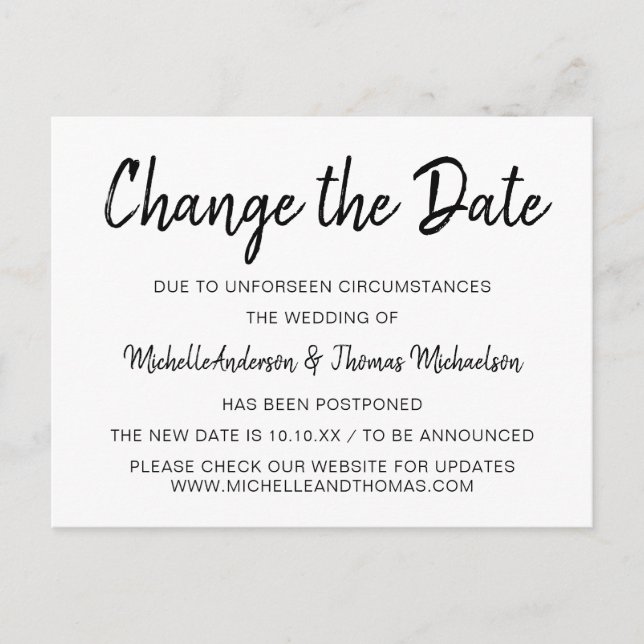 Enkel svart och vit ändra datum meddelande vykort (Framsida)