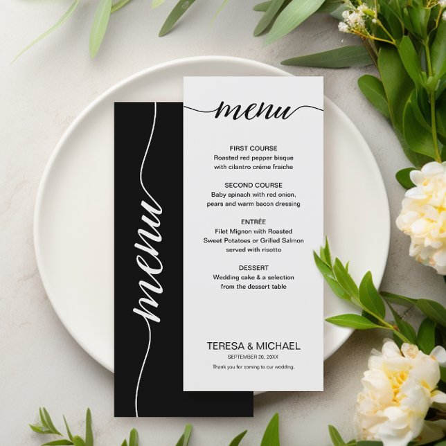 Enkel svart och vit Anpassningsbar måltider Bröllo Meny (Simple, Chic black and white wedding menu.)