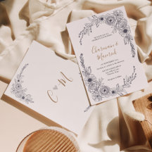 Enkel svart och vit Blommigt Monogram hjärta Bröll