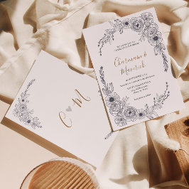 Enkel svart och vit Blommigt Monogram hjärta Bröll Inbjudningar