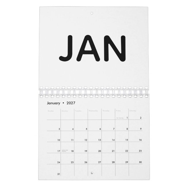 Enkel svart och vit fet typografi kalender (Jan 2027)
