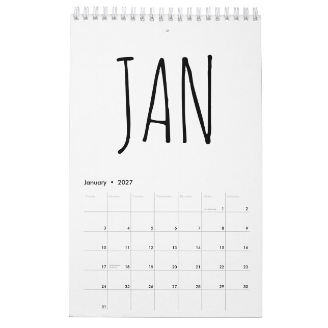Enkel svart och vit handskrift kalender (Jan 2027)