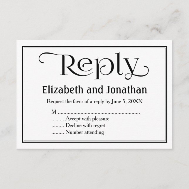 Enkel svart och vit kristen bröllops-svarskort OSA kort (Framsida)