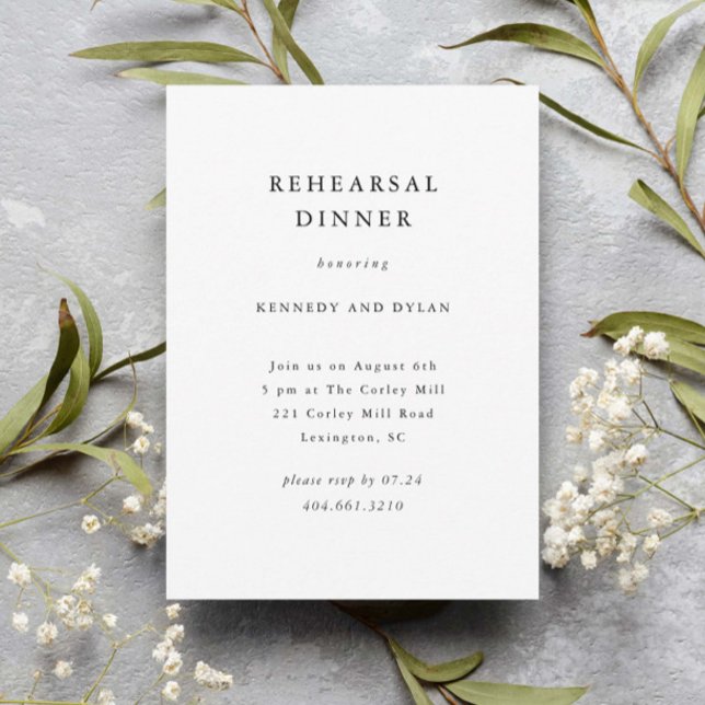Enkel svart och vit middag inför bröllopet inbjudningar (Simple elegant typography wedding rehearsal dinner invitations.)