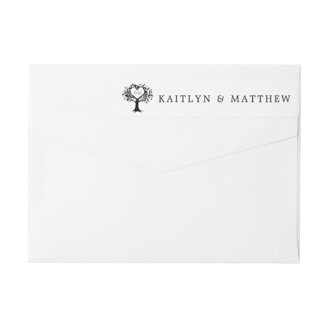 Enkel svart och vit Monogram Heart Träd Bröllop Etikettband (Baksidan)