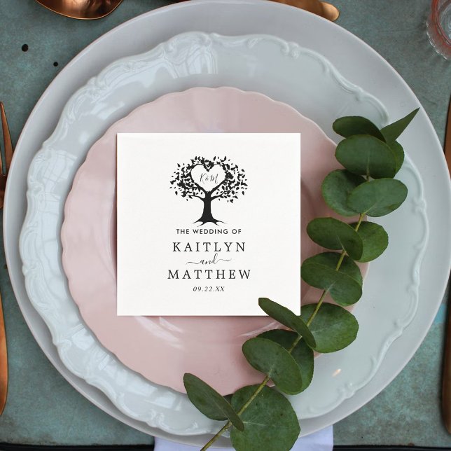 Enkel svart och vit Monogram Heart Träd Bröllop Pappersservett (Skapare uppladdad)