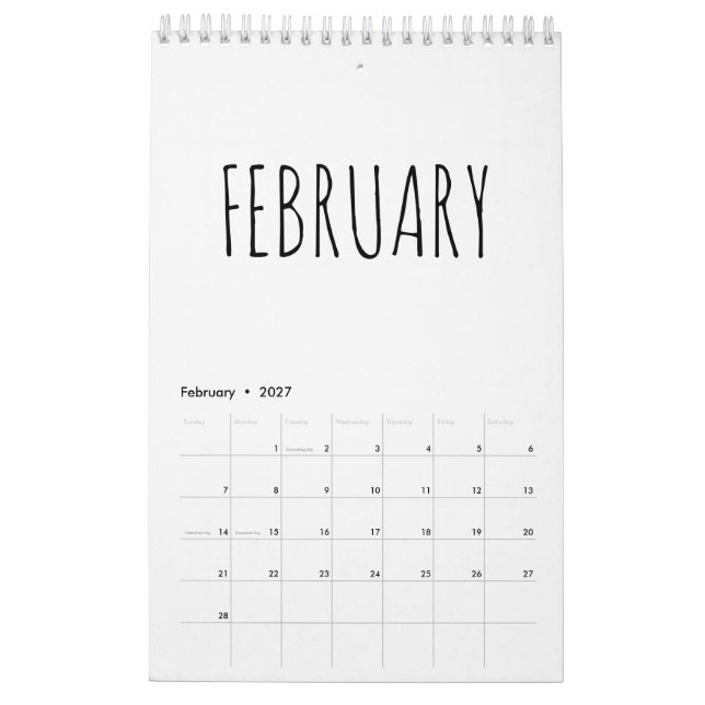 Enkel svart och vit script calligraphy kalender (Feb 2027)
