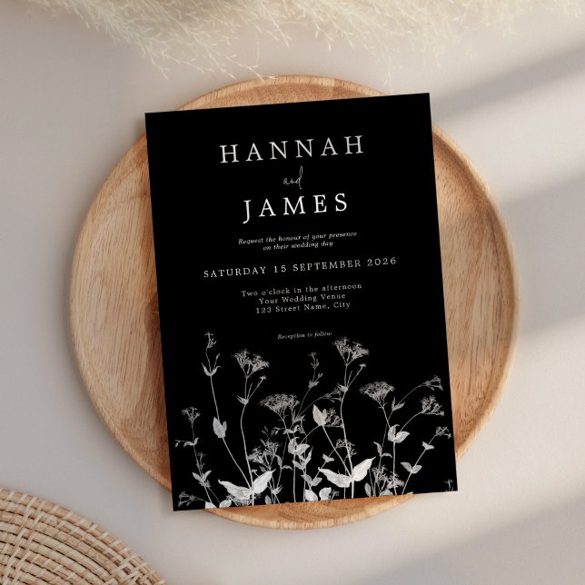 Enkel svart och vit Wildblomma Bröllop Inbjudningar (Skapare uppladdad)
