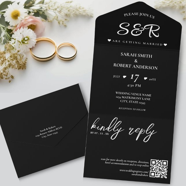 Enkel svart QR-kod Bröllop (Simple Black QR Code Wedding All In One Invitation)
