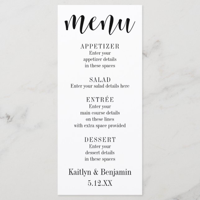 Enkel svart typografi på vit bröllopsmeny meny (Framsida)