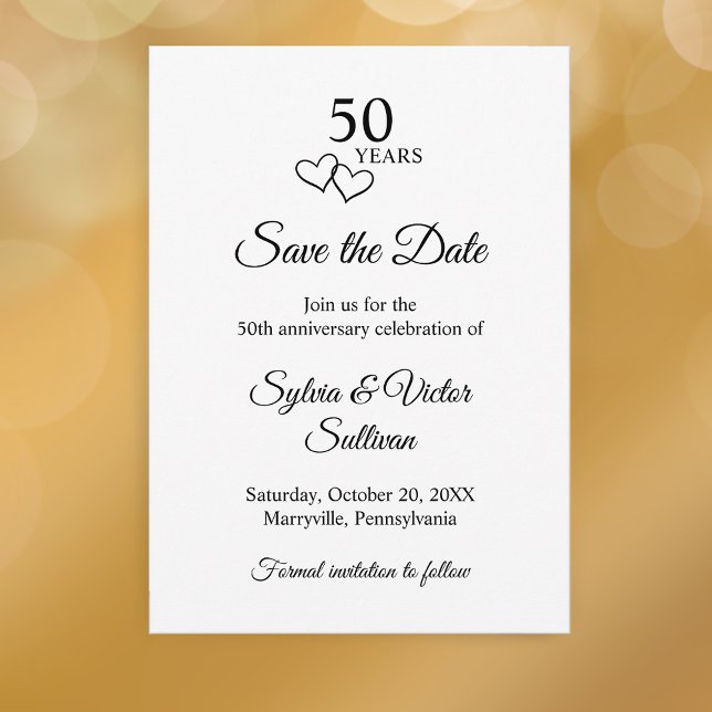 Enkel svart & vit 50-års bröllopsdag spara datumet (Black and white custom elegant script save the date 50th wedding anniversary party invitation 
)
