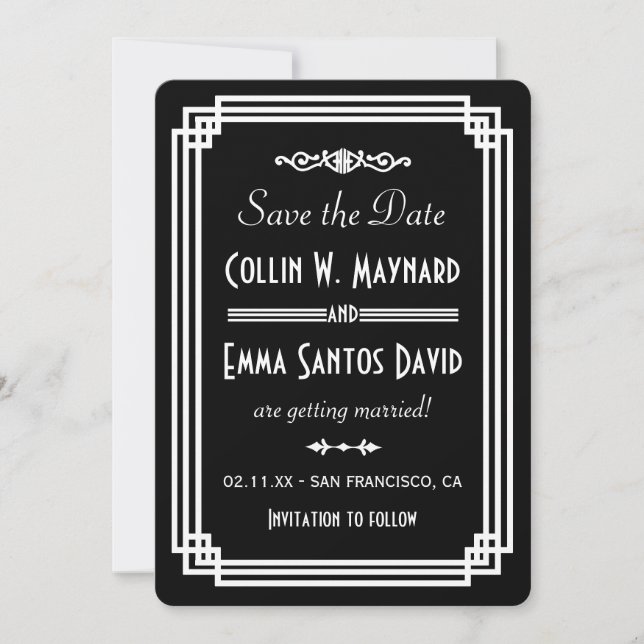 Enkel svart-vit Art Deco Save The Date Spara Datumet (Framsida)