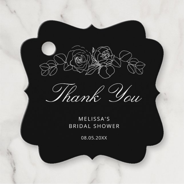 Enkel svart-vit blomstermiddag för bruden gåvor etiketter (Framsida)