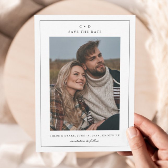 Enkel svart-vit bröllopsfotografi  spara datumet (Simple Monogram 3 Photo Wedding Save the Date.)