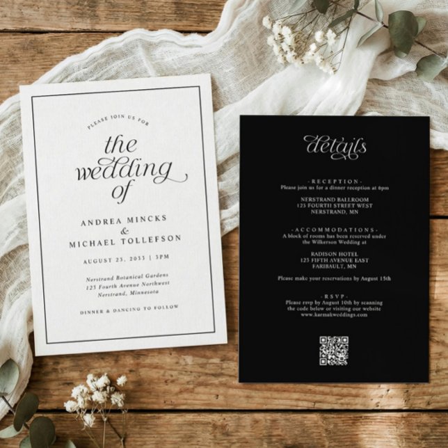 Enkel svart-vit bröllopsinbjudan allt-i-ett inbjudningar (Elegant black and white wedding invitation with calligraphy, simple border, and QR code.)