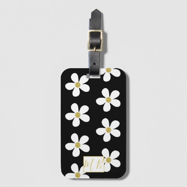 Enkel svart vit Daisy Guld Monogram Travel Bagagebricka (Framsida vertikal)