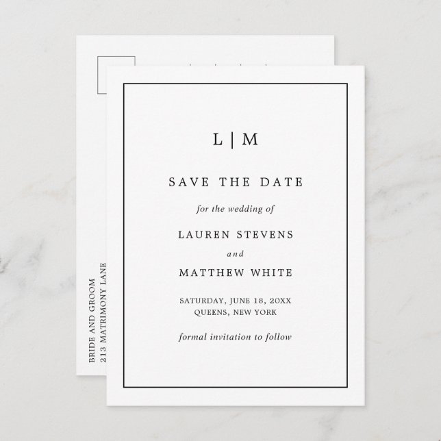 Enkel svart vit elegant bröllop Spara datum Meddelande Vykort (Fram/baksida)