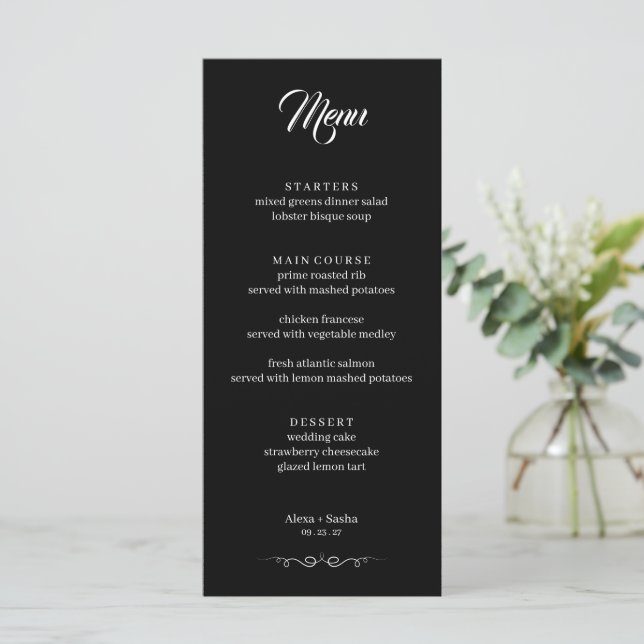 Enkel Svart & Vit Elegant Minimalistisk Bröllop Meny (Stående Fram)