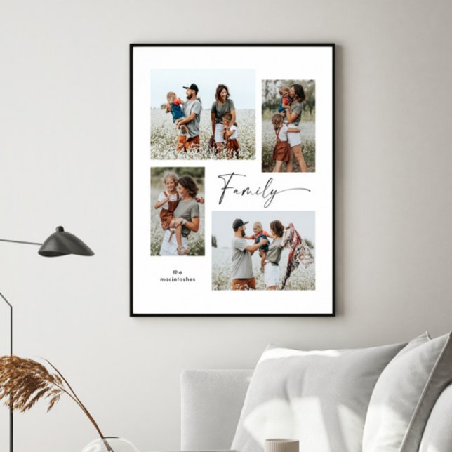 Enkel svart-vit familjekollage poster (Simple black and white script family 4 photo collage print poster.)