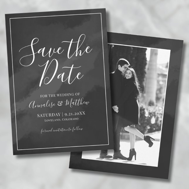 Enkel svart-vit fotofest Kort varsel Bröllop (Elegant Script Black White Save the Date Wedding Invitation)