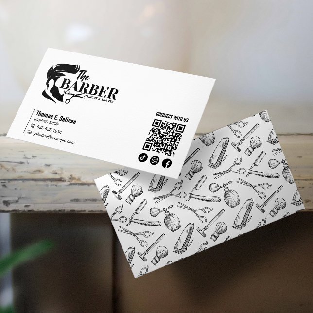 Enkel svart-vit frisörshop QR-kod Visitkort (Skapare uppladdad)
