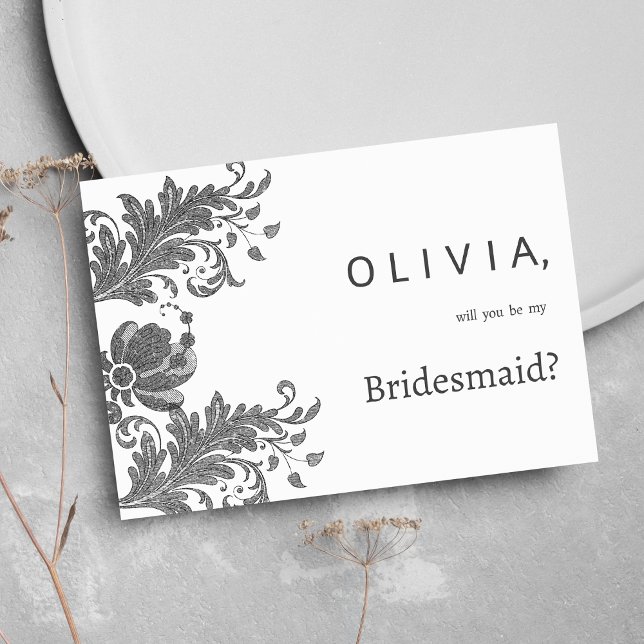 Enkel svart vit glitter blommig spets brudtjänstef inbjudningar (Simple black white glitter floral lace Bridesmaid )