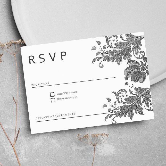 Enkel svart vit glitter blommigt snöre OSA Inbjudningar (Simple black white glitter floral lace RSVP )