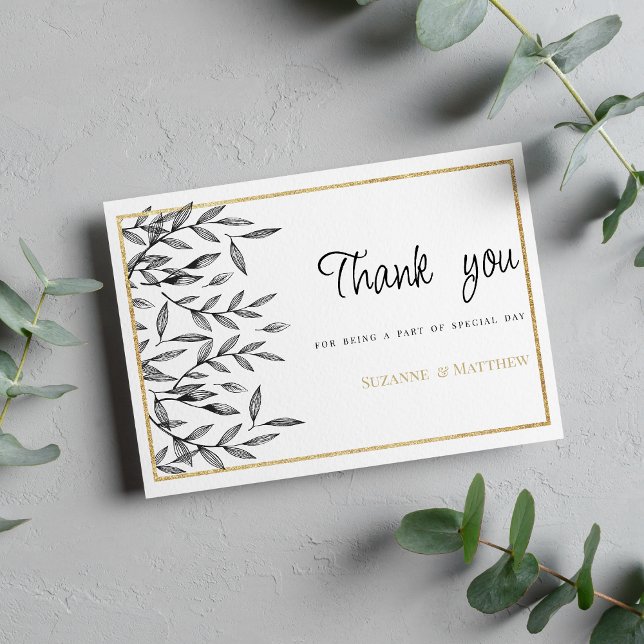 Enkel svart vit guld blom- och löv- Tack Inbjudningar (Simple black white gold floral foliage Thank You )