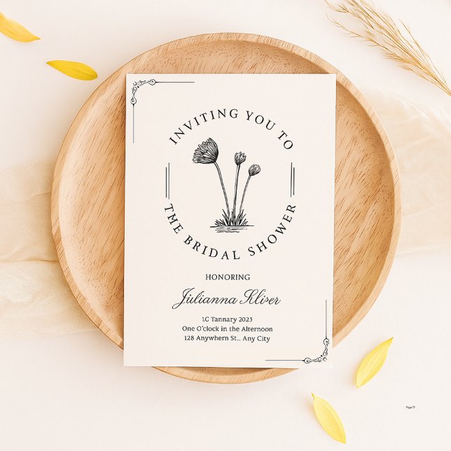 Enkel svart,vit handritad blommöhippa inbjudningar (Skapare uppladdad)