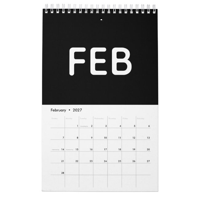 Enkel svart-vit minimalism kalender (Feb 2027)