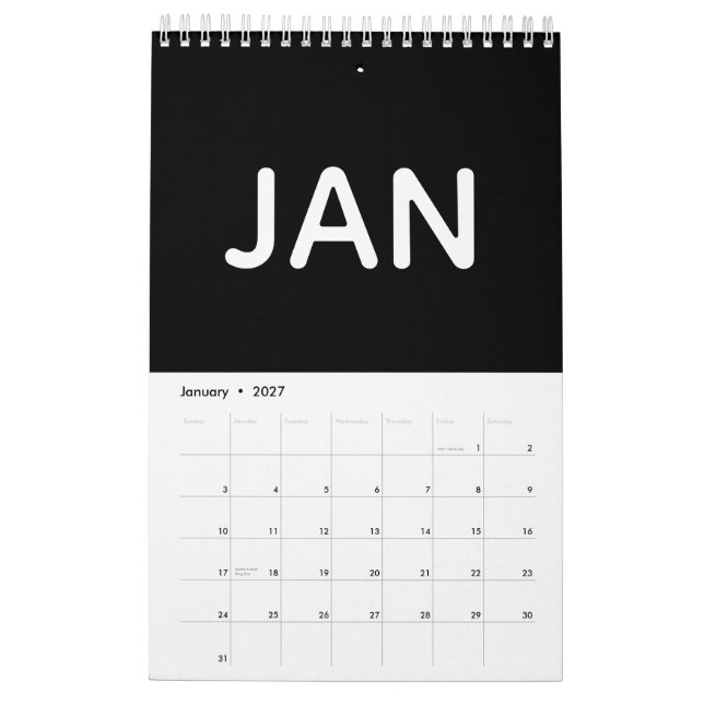 Enkel svart-vit minimalistisk 2026 kalender (Jan 2027)