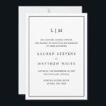 Enkel svart-vit monogram Elegant bröllop Meddelande<br><div class="desc">Enkel vigselannons med en modern men ändå elegant design med ditt tvåbokstavsmonogram högst upp och dina detaljer omgivna av en tunn ram. All text är i svart, på en vit bakgrund, och teckensnitten och bakgrundsfärgerna kan ändras till valfri färg genom att klicka på knappen "anpassa". Mallen innehåller traditionell formulering som...</div>