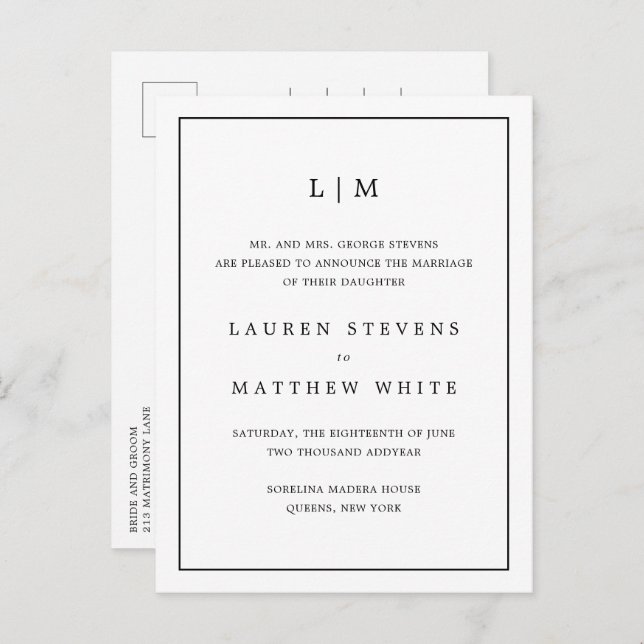 Enkel svart-vit monogram Elegant bröllop Meddelande Vykort (Fram/baksida)