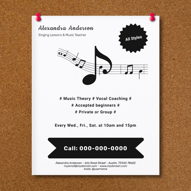 Enkel, svart & vit musiklärare flygblad (Black & White Music Teacher Flyer)