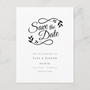 Enkel svart-vit Save the Date med vackert typsnitt Vykort