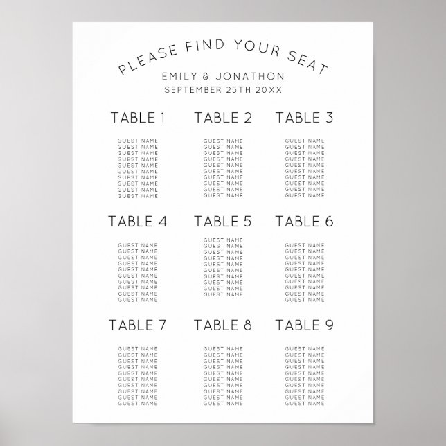 Enkel svart-vit sittplan för bröllop poster (Framsidan)