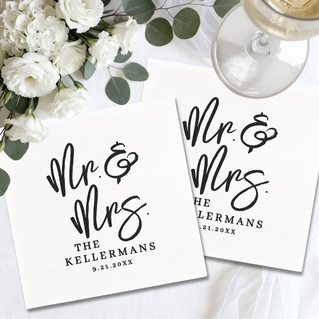 Enkel Svart Vit Skrift Bröllop Pappersservett (Simple Black White Script Wedding Napkins)