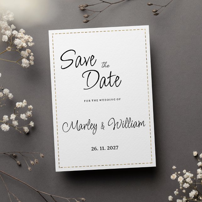 Enkel svart vit streckad linje med guld Spara datu Inbjudningar (Simple black white gold dashed line Save the Date )
