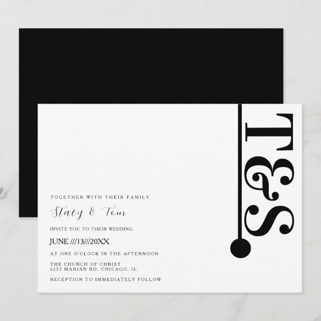 Enkel svart-vit typografi Linje Logo Bröllop  Inbjudningar (Fram/baksida)