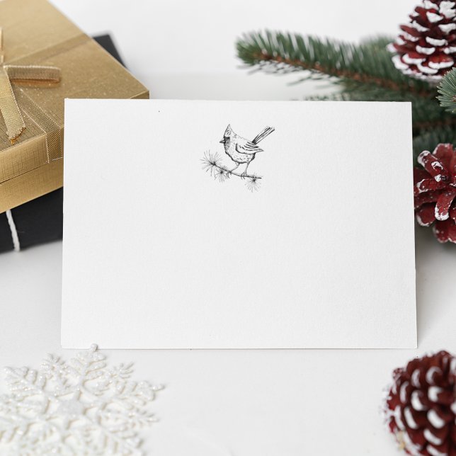 Enkel svart-vit vinterkardinalfågel anteckningskort (Simple & Elegant Winter Cardinal Bird Perched on a Pine Branch, Hand Drawn in Black Ink 4 Christmas)