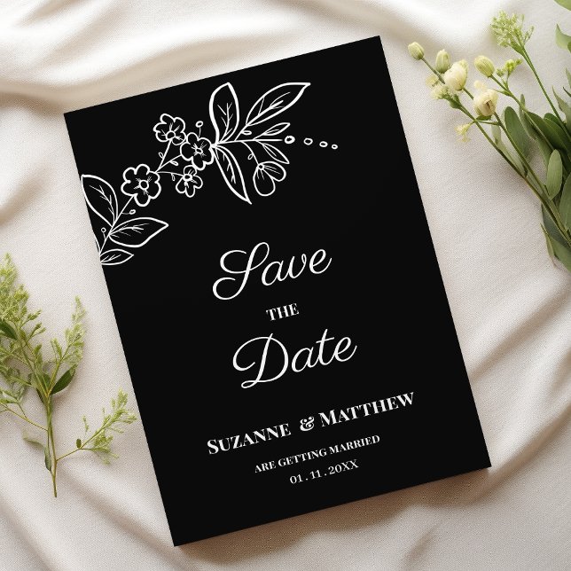 Enkel svartvit blommigt för elegant Spara datum Inbjudningar (Simple elegant black white floral Save the Date)