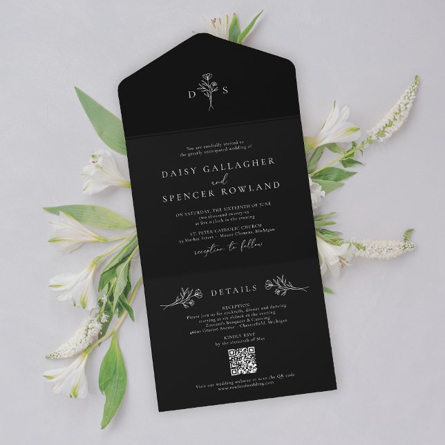 Enkel svartvit Blommigt med QR OSA Bröllop (Skapare uppladdad)