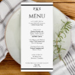 Enkel svartvit Chic, monogram, Bröllop Meny<br><div class="desc">En meny med en svartvit elegant med minimalistisk chic-middag i bröllop. som har chicens malldesign för vit bakgrund i fast form och svart typografi. Och monogram eller initialer överst. Med svart rand vid grund och överst.</div>