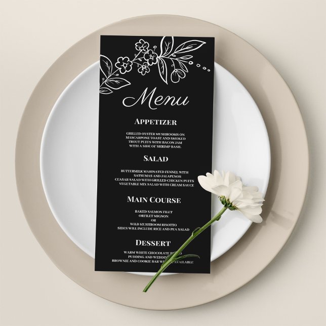 Enkel svartvit elegant-meny Bröllop-blommigt Program (Simple elegant black white floral Wedding Menu)