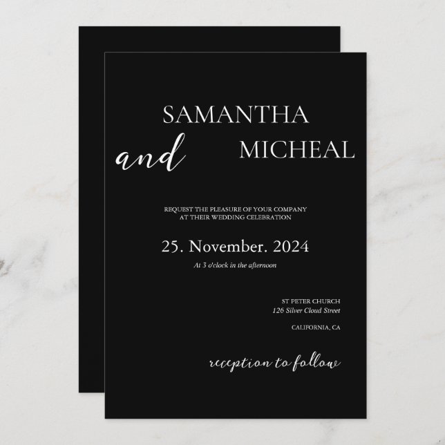 Enkel svartvit Elegant, minimalistisk Bröllop Inbjudningar (Fram/baksida)