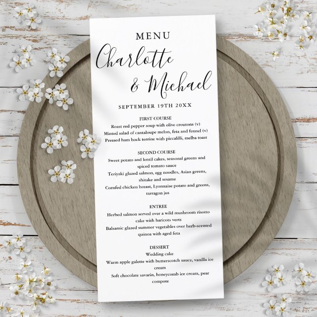 Enkel svartvit meny Bröllop för Namnteckning skrip (Simple Black White Signature Script Wedding Menu)