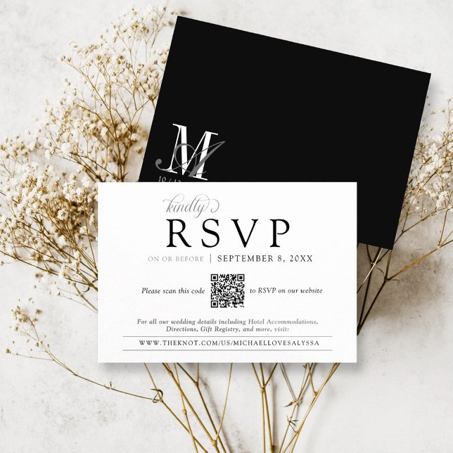 Enkel svartvit Monogram Bröllop QR-OSA Tilläggskort (Simple classic black and white vintage monogram crest informal QR code rsvp on wedding website card)