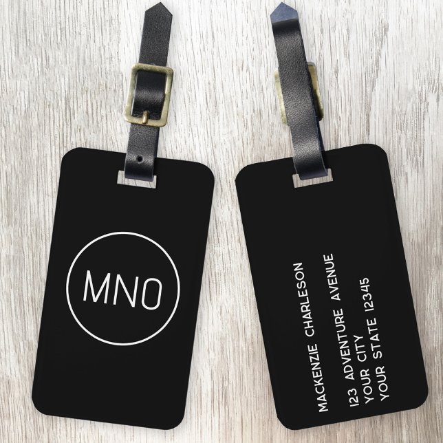 Enkel svartvit Monogram Initialer-minimalistisk sv Bagagebricka (Simple monogram initial personalized black and white modern minimalist luggage tag)