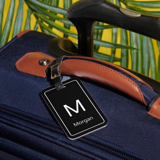 Enkel svartvit monogram och Namn-mall Bagagebricka (Framsida Insitu 1)