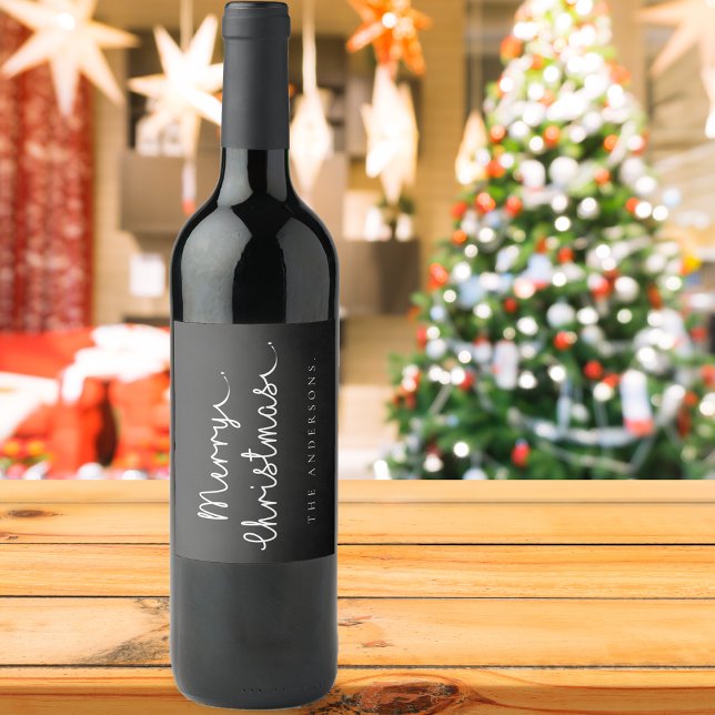 Enkel svartvit Namn-minimalistiskt God jul Vinflaska Etikett (Simple Black White Name Minimalist Merry Christmas Wine Label)